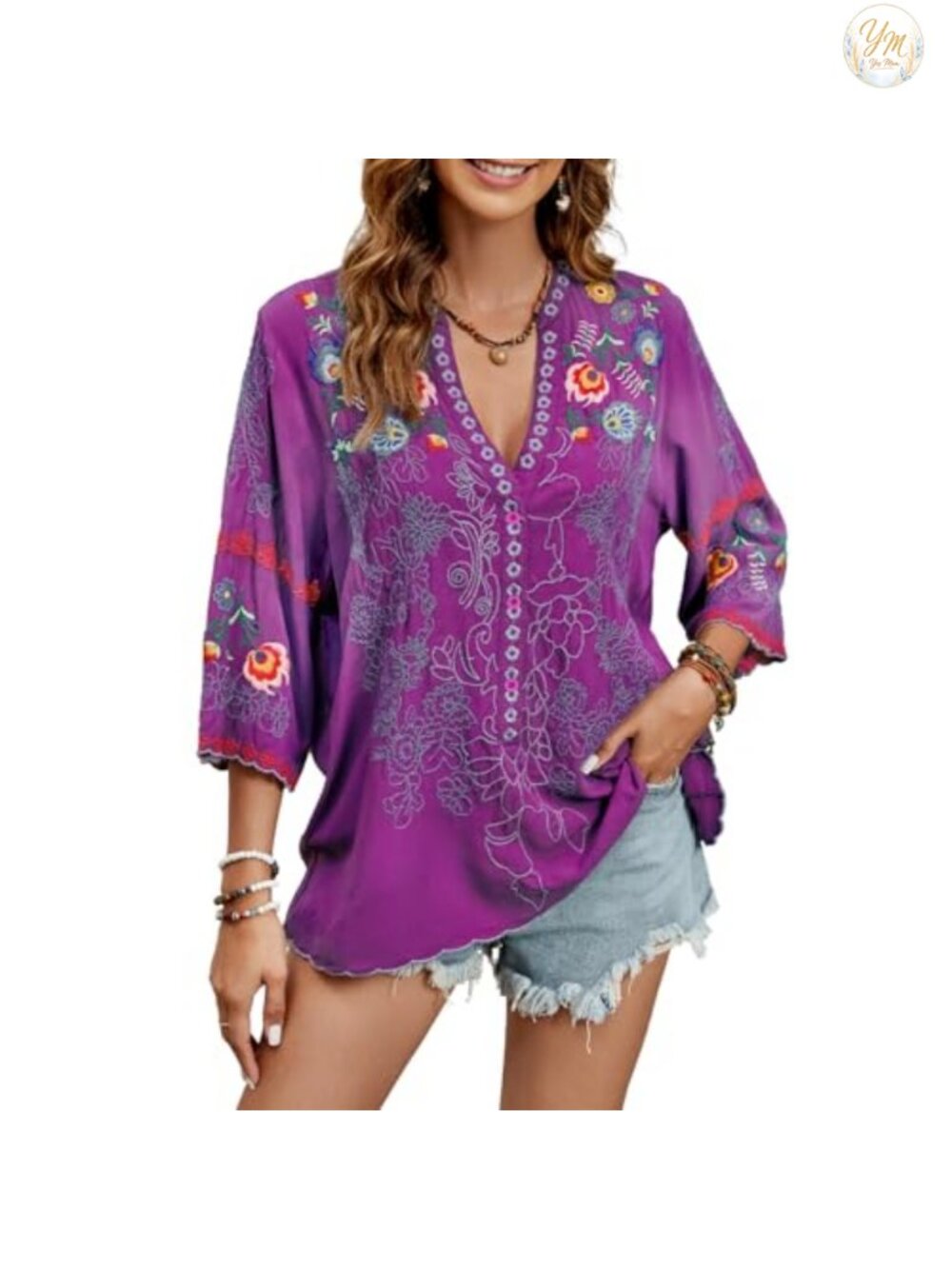Boho Mexican Peasant Blouse Embroidered 3/4 Sleeve V Neck Tunic Top Cotton